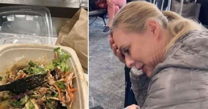 Woman’s fork pierces giant grasshopper when she starts eating her salad at the airport