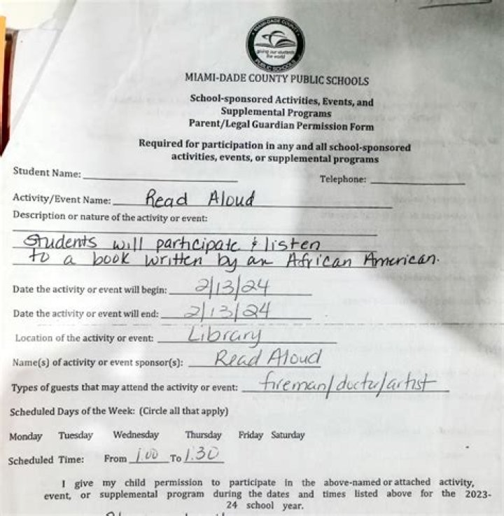 Florida school asks parents for permission to have book by an African American author read to students