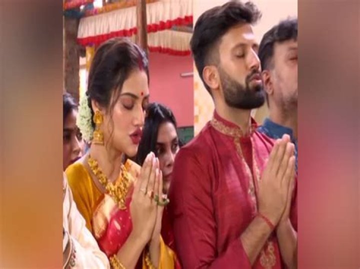 Nusrat Jahan and husband Nikhil Jain offer prayers during Navratri, plays drum later